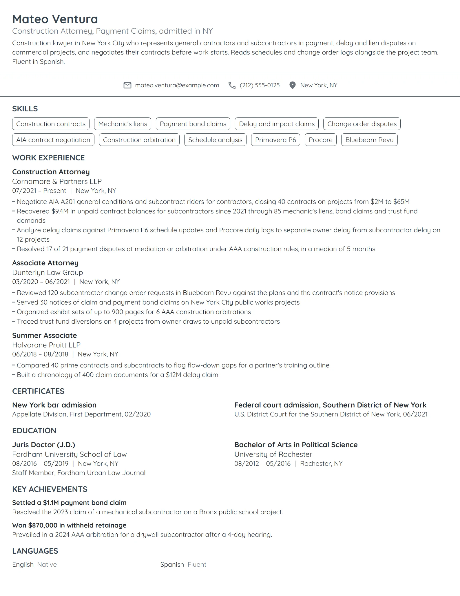 Construction Attorney resume example
