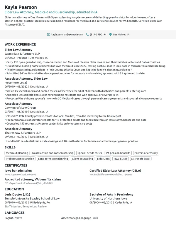 Elder Law Attorney resume example