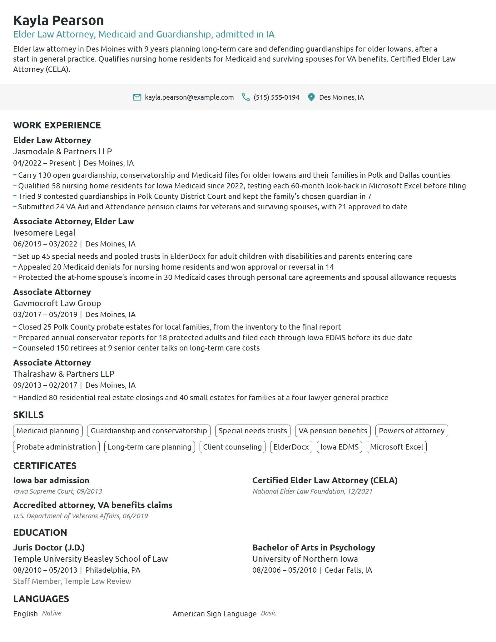 Elder Law Attorney resume example
