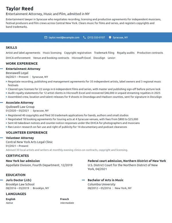 Entertainment Attorney resume example