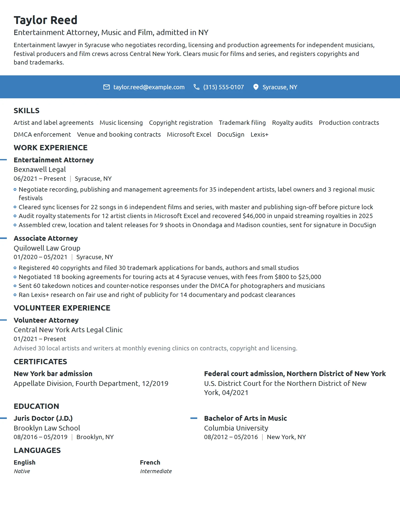 Entertainment Attorney resume example