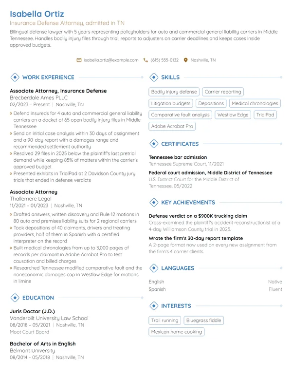 Insurance Defense Attorney resume example