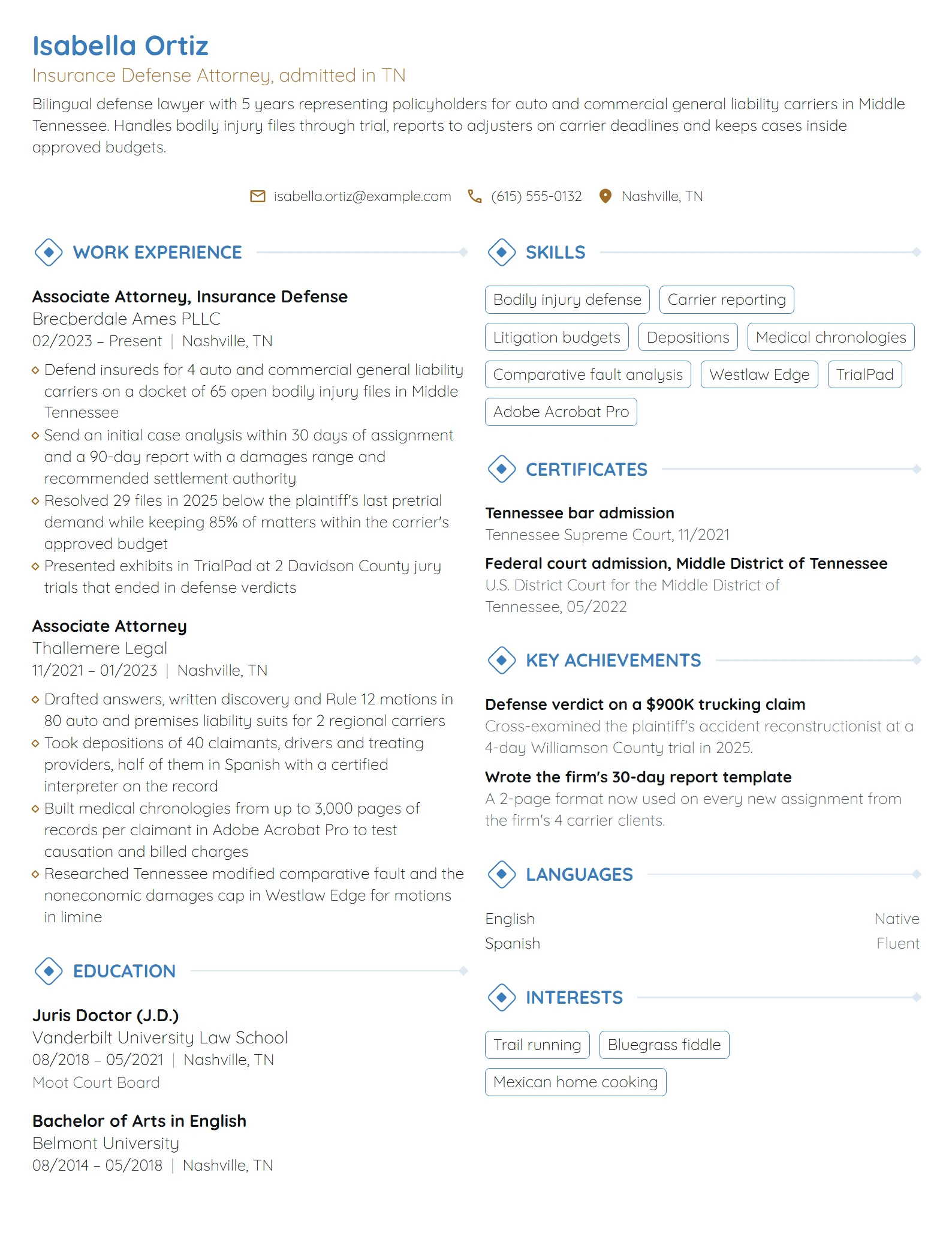 Insurance Defense Attorney resume example