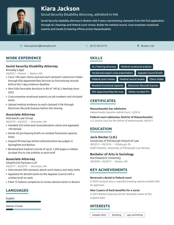 Social Security Disability Attorney resume example