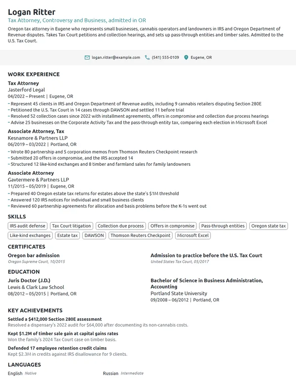 Tax Attorney resume example