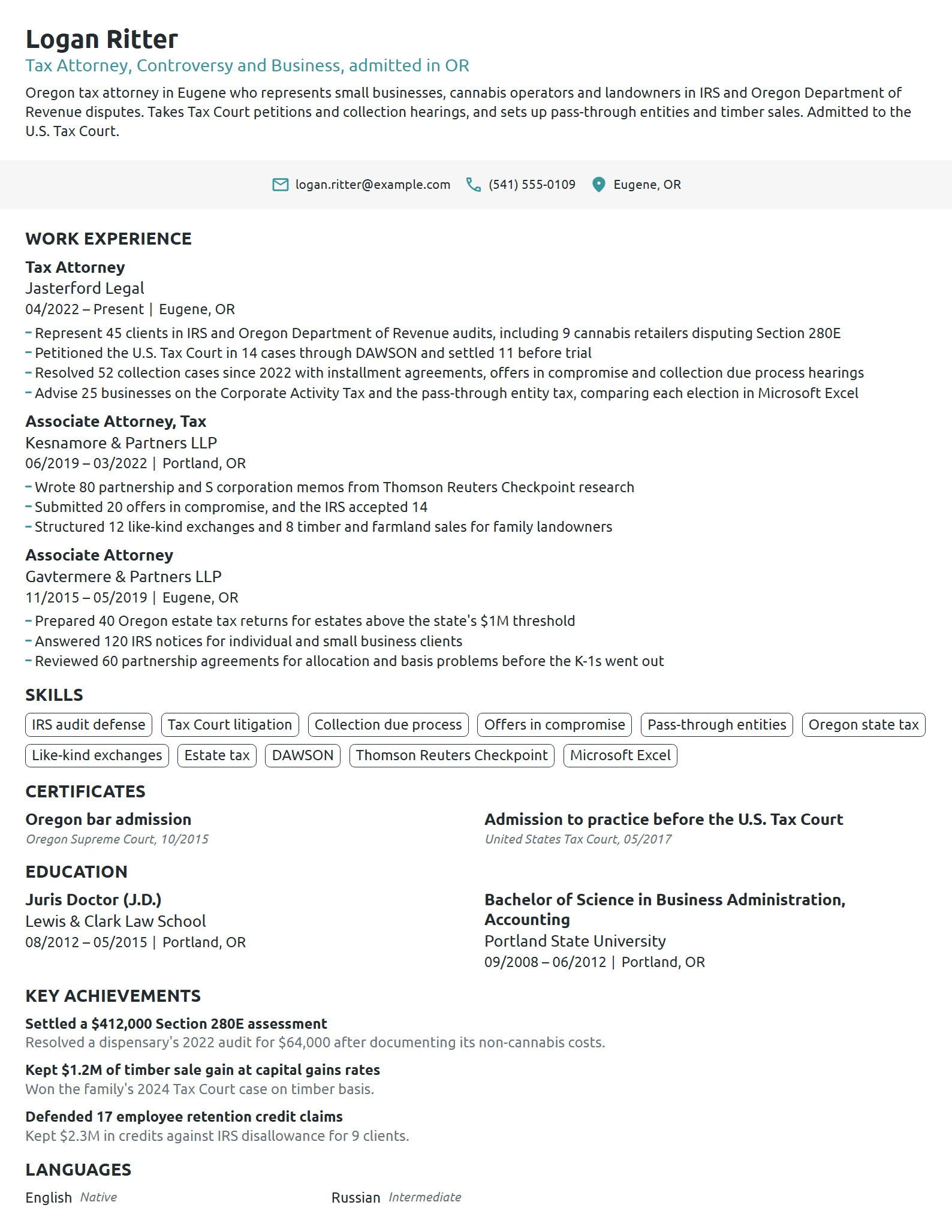 Tax Attorney resume example