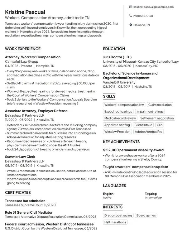 Workers' Compensation Attorney resume example