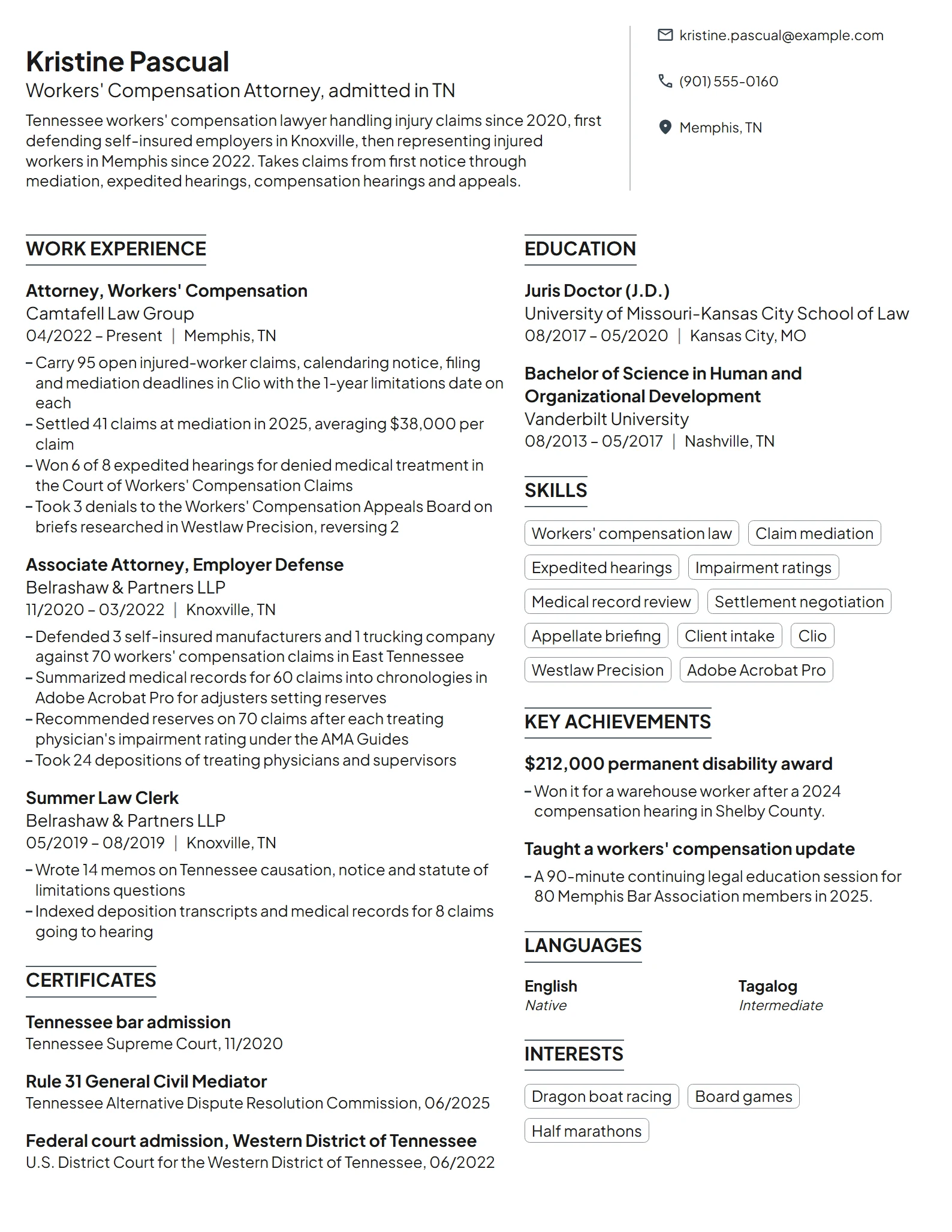 Workers' Compensation Attorney resume example