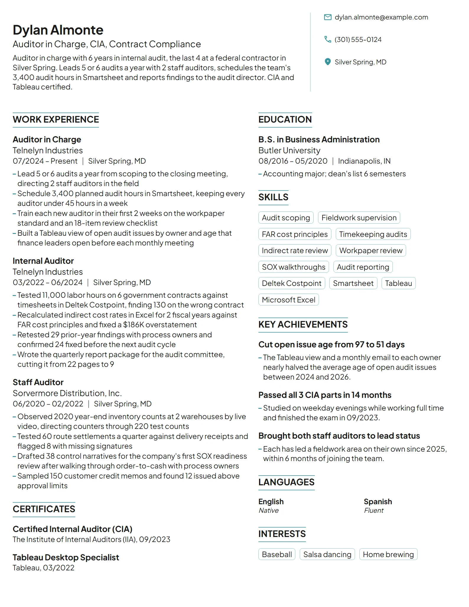 Auditor in Charge resume example