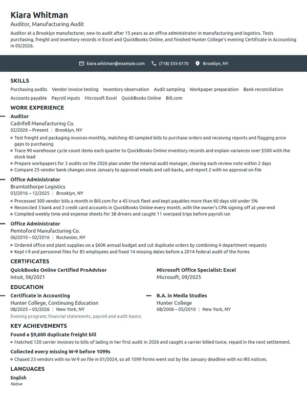 Career Change Auditor resume example