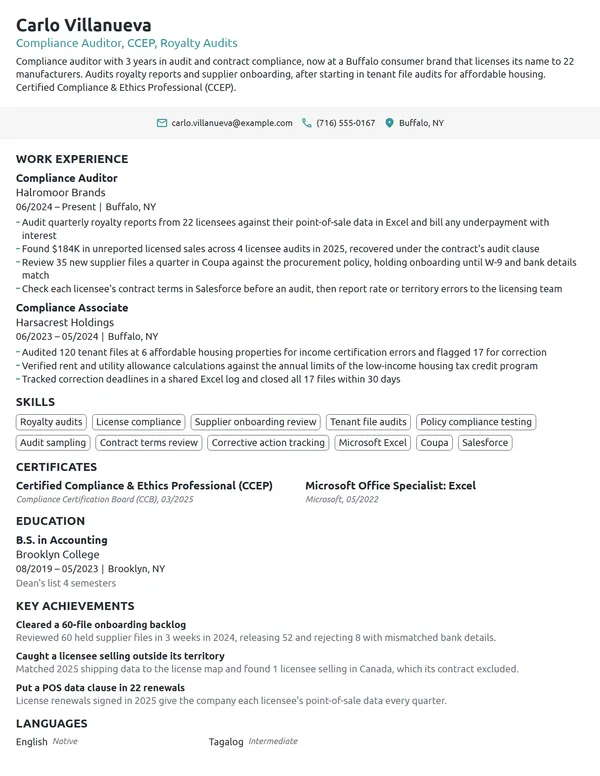 Compliance Auditor resume example
