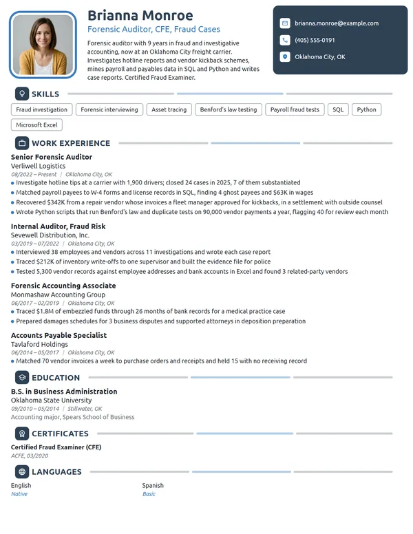 Forensic Auditor resume example