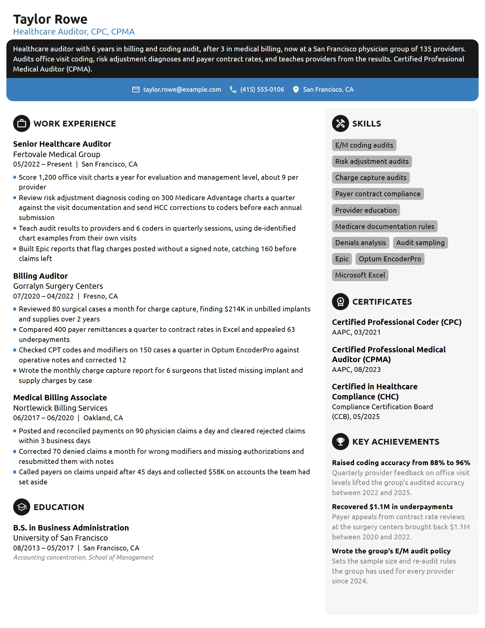 Healthcare Auditor resume example