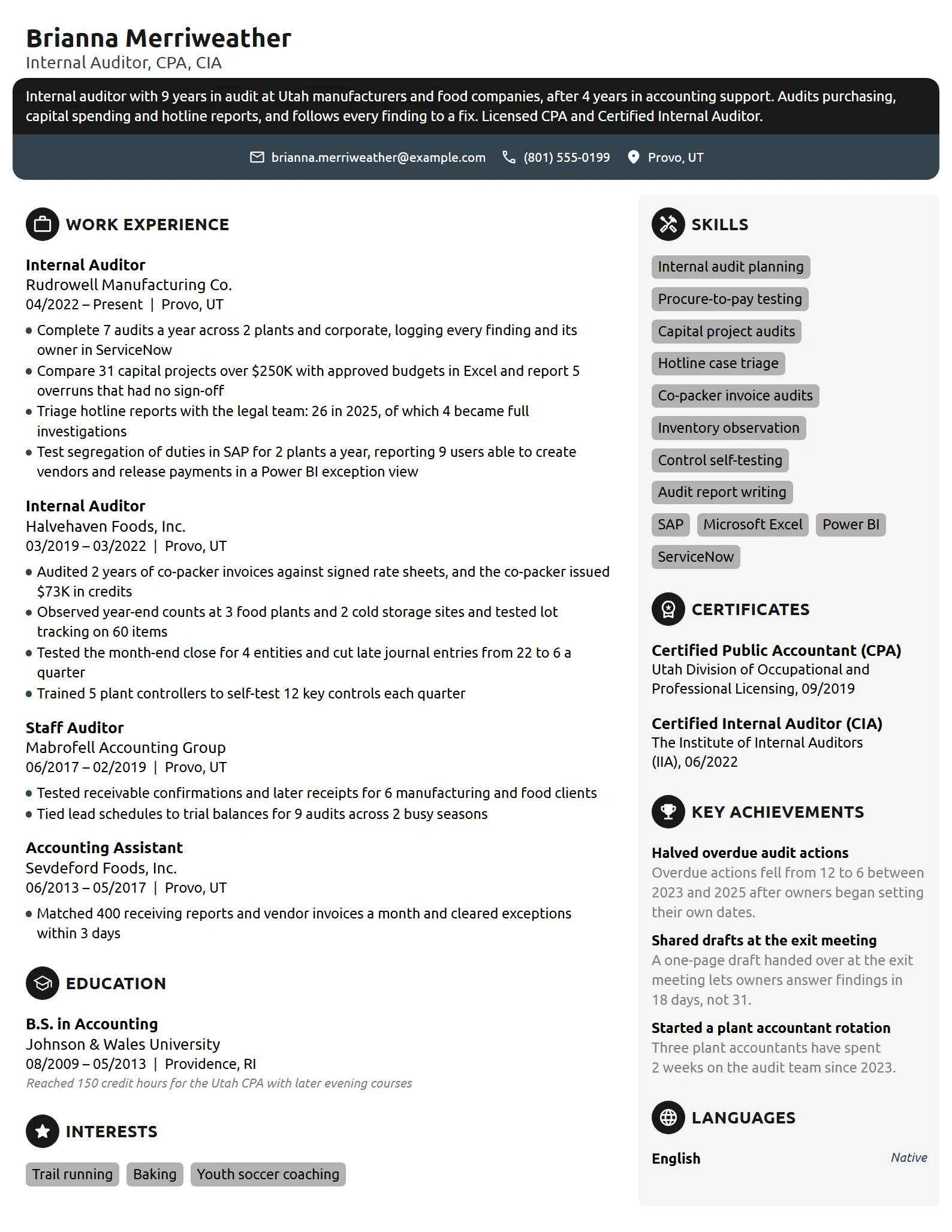 Internal Auditor resume example