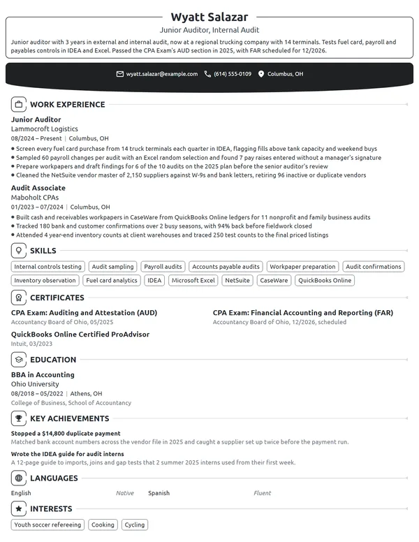 Junior Auditor resume example