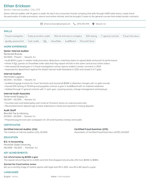 Senior Internal Auditor resume example