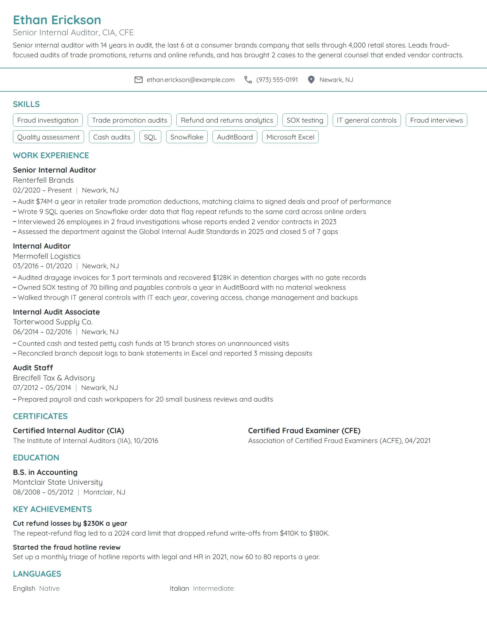 Senior Internal Auditor resume example