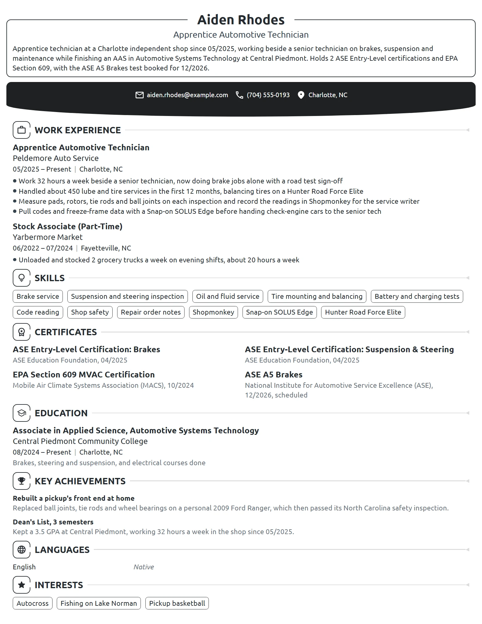 Apprentice Automotive Technician resume example