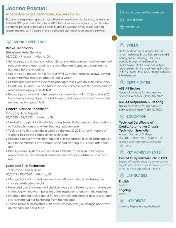 Automotive Brake Technician resume example
