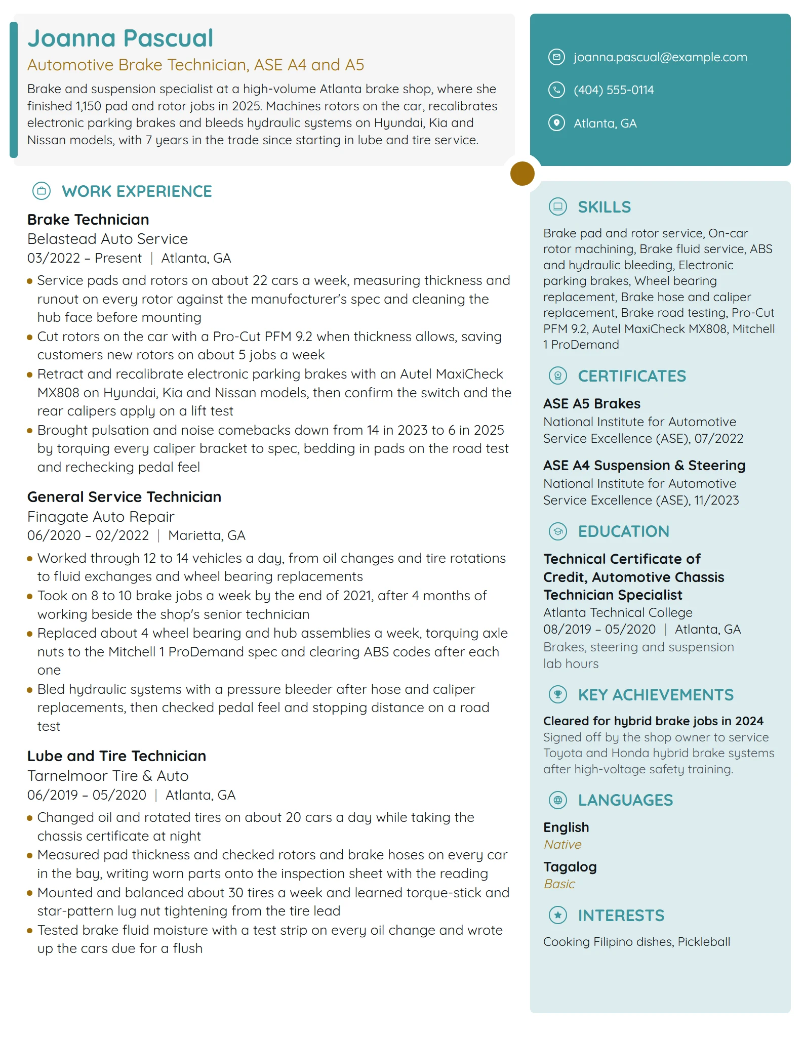 Automotive Brake Technician resume example