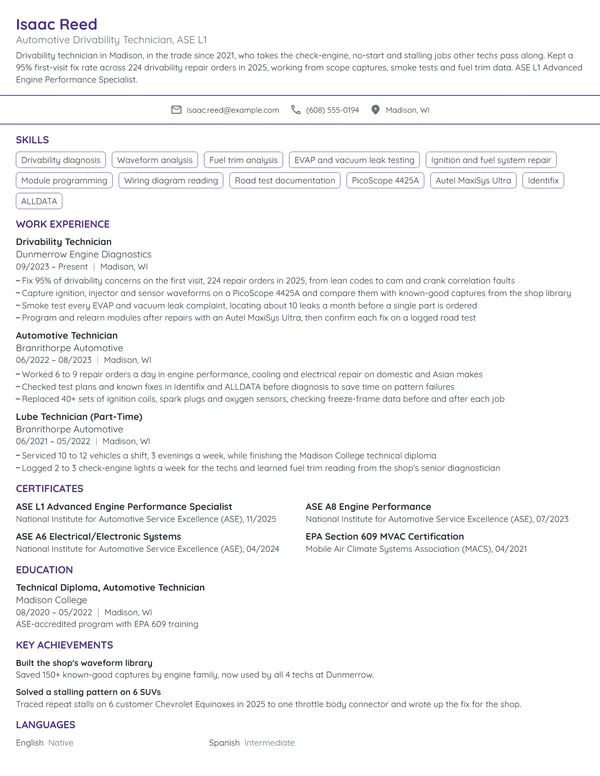 Automotive Drivability Technician resume example