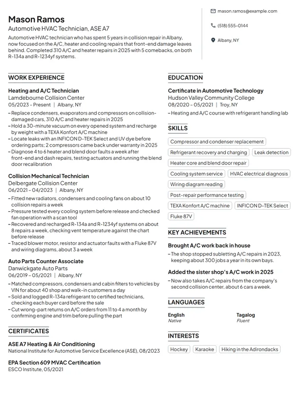 Automotive HVAC Technician resume example