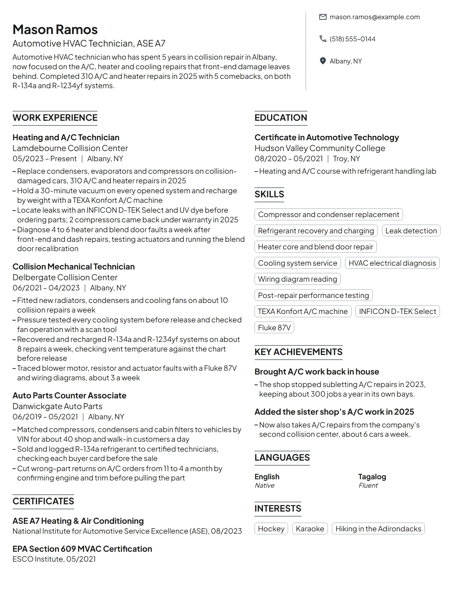 Automotive HVAC Technician resume example