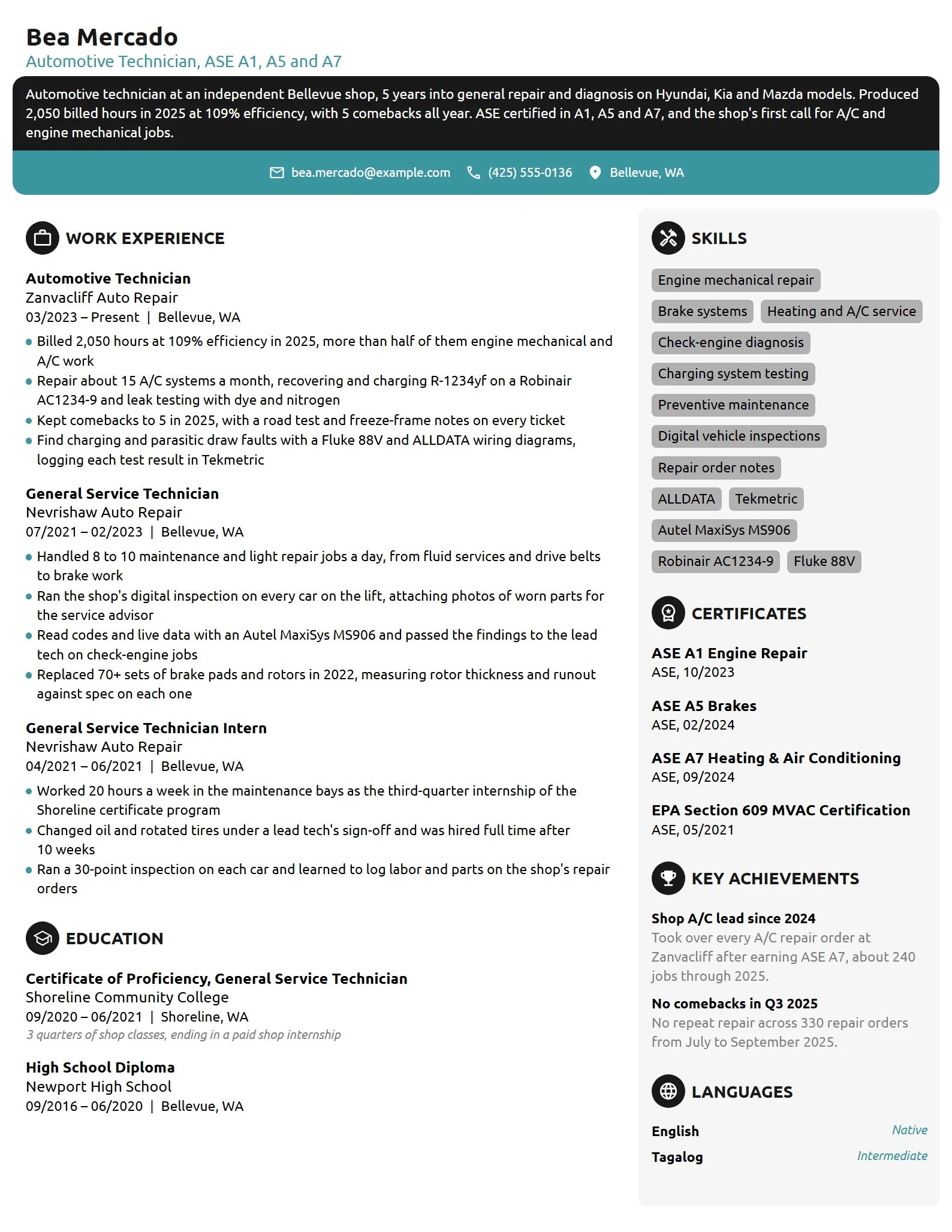 Automotive Technician resume example
