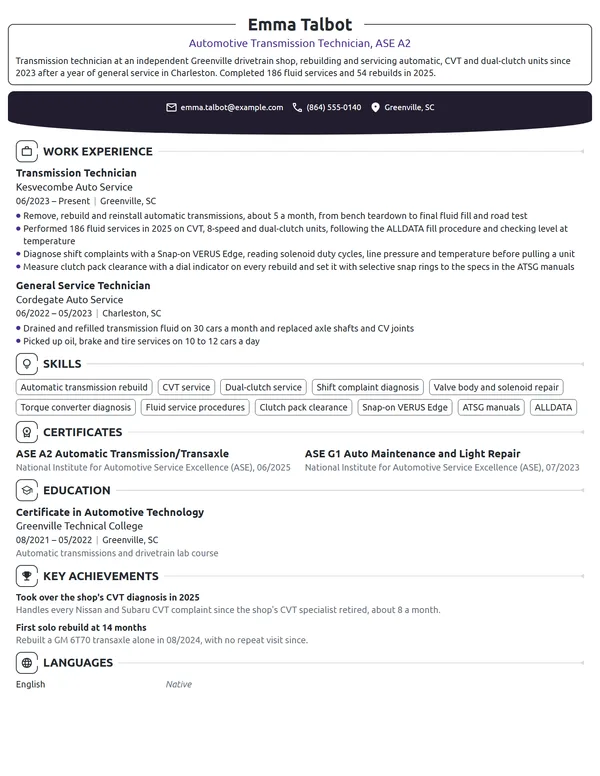 Automotive Transmission Technician resume example