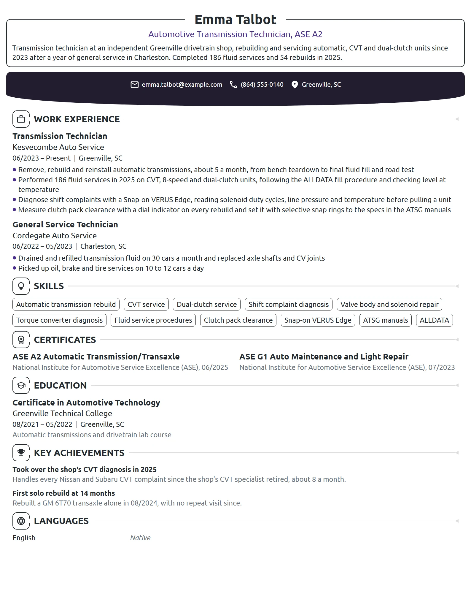 Automotive Transmission Technician resume example