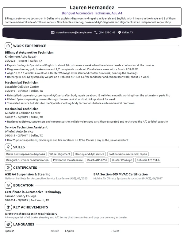 Bilingual Automotive Technician resume example