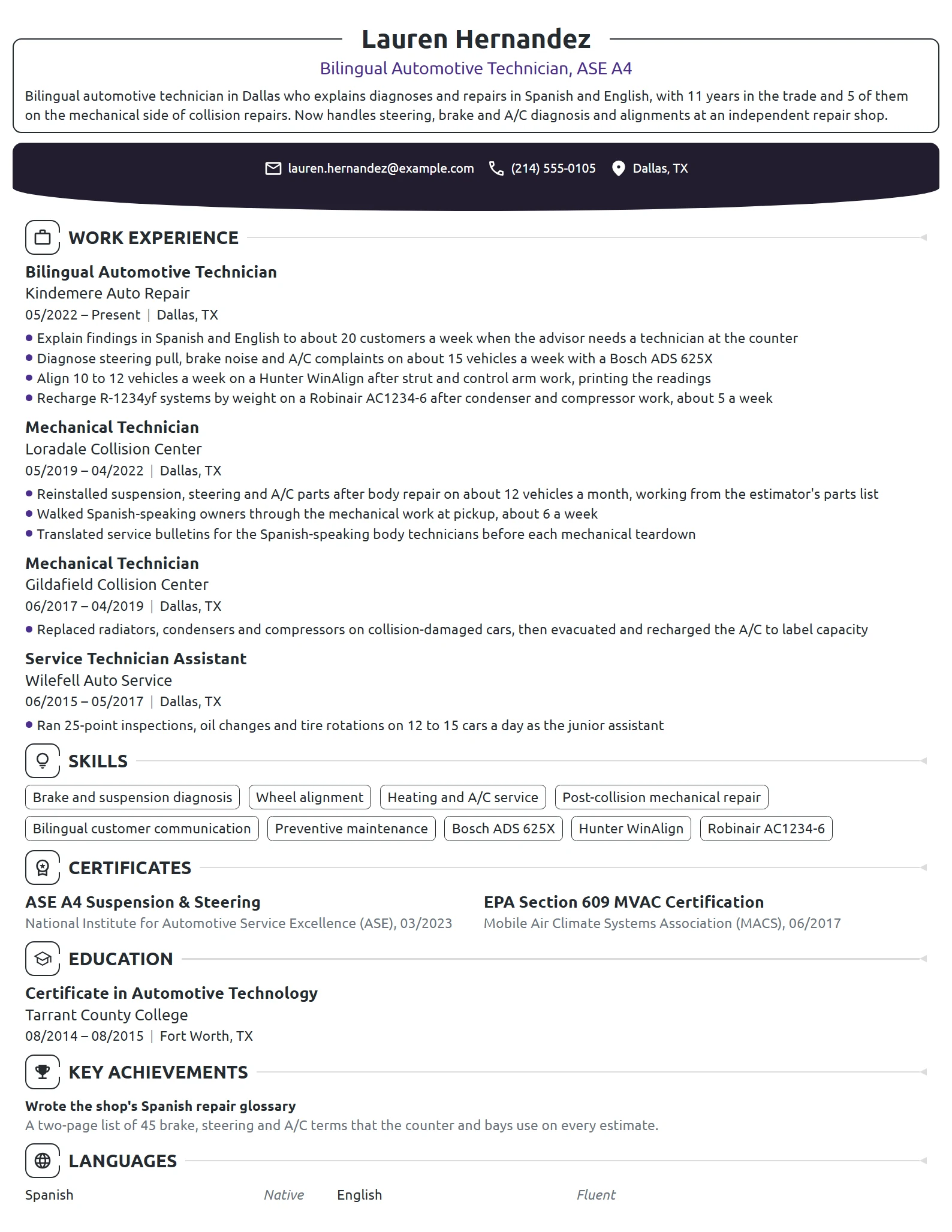 Bilingual Automotive Technician resume example