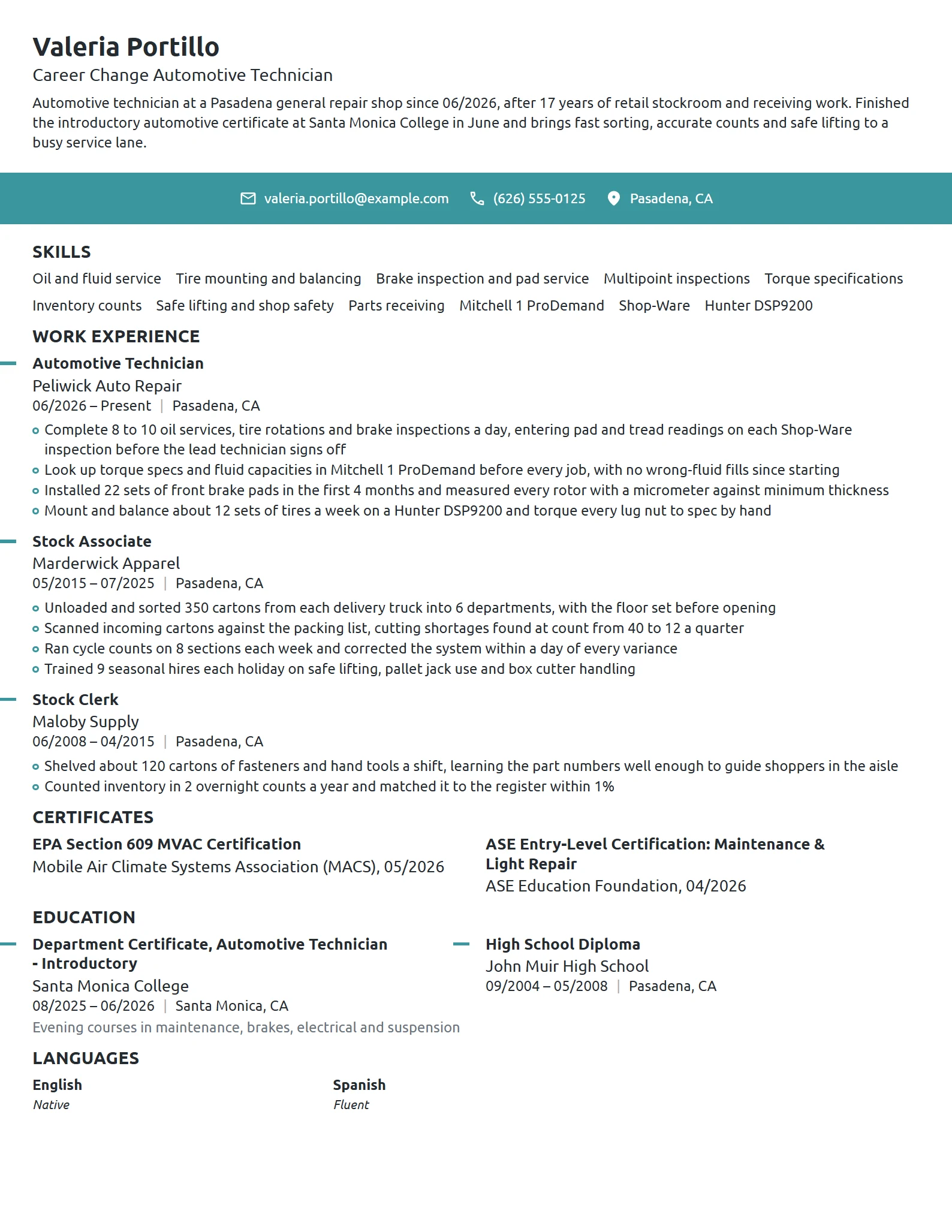 Career Change Automotive Technician resume example