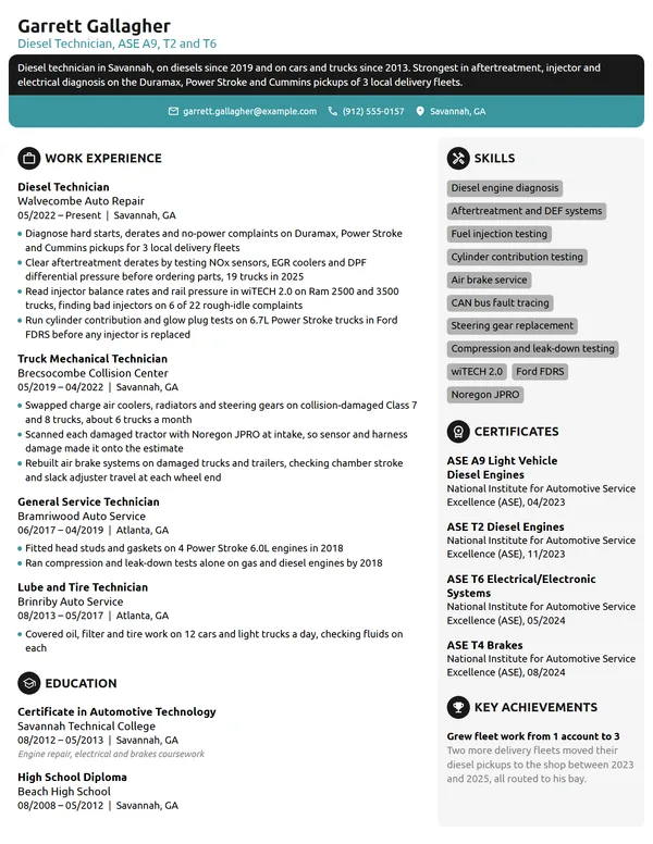 Diesel Technician resume example