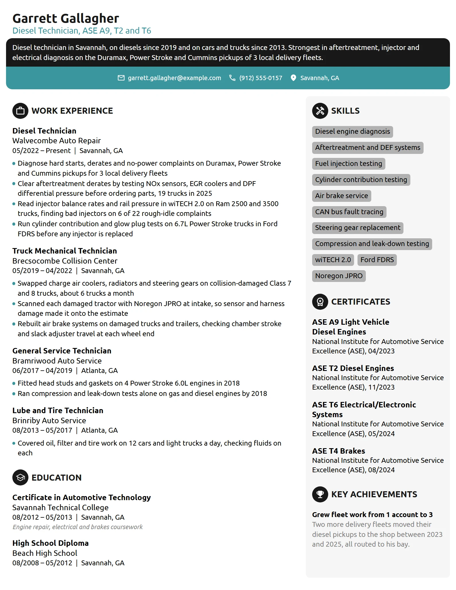 Diesel Technician resume example