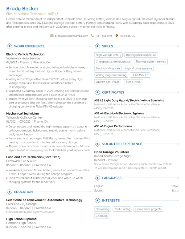 Electric Vehicle Technician resume example