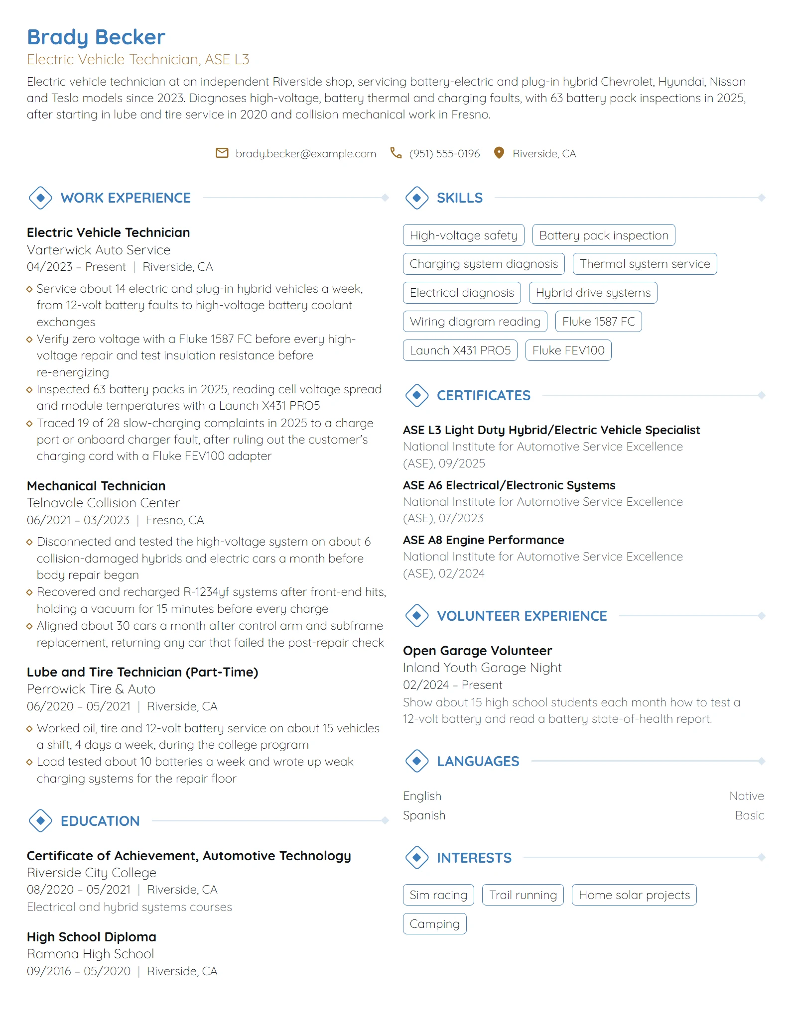 Electric Vehicle Technician resume example