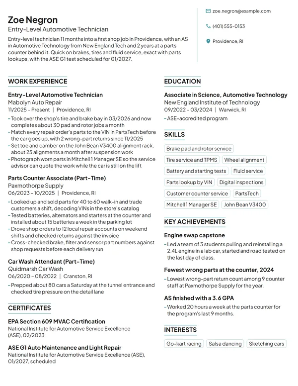 Entry-Level Automotive Technician resume example