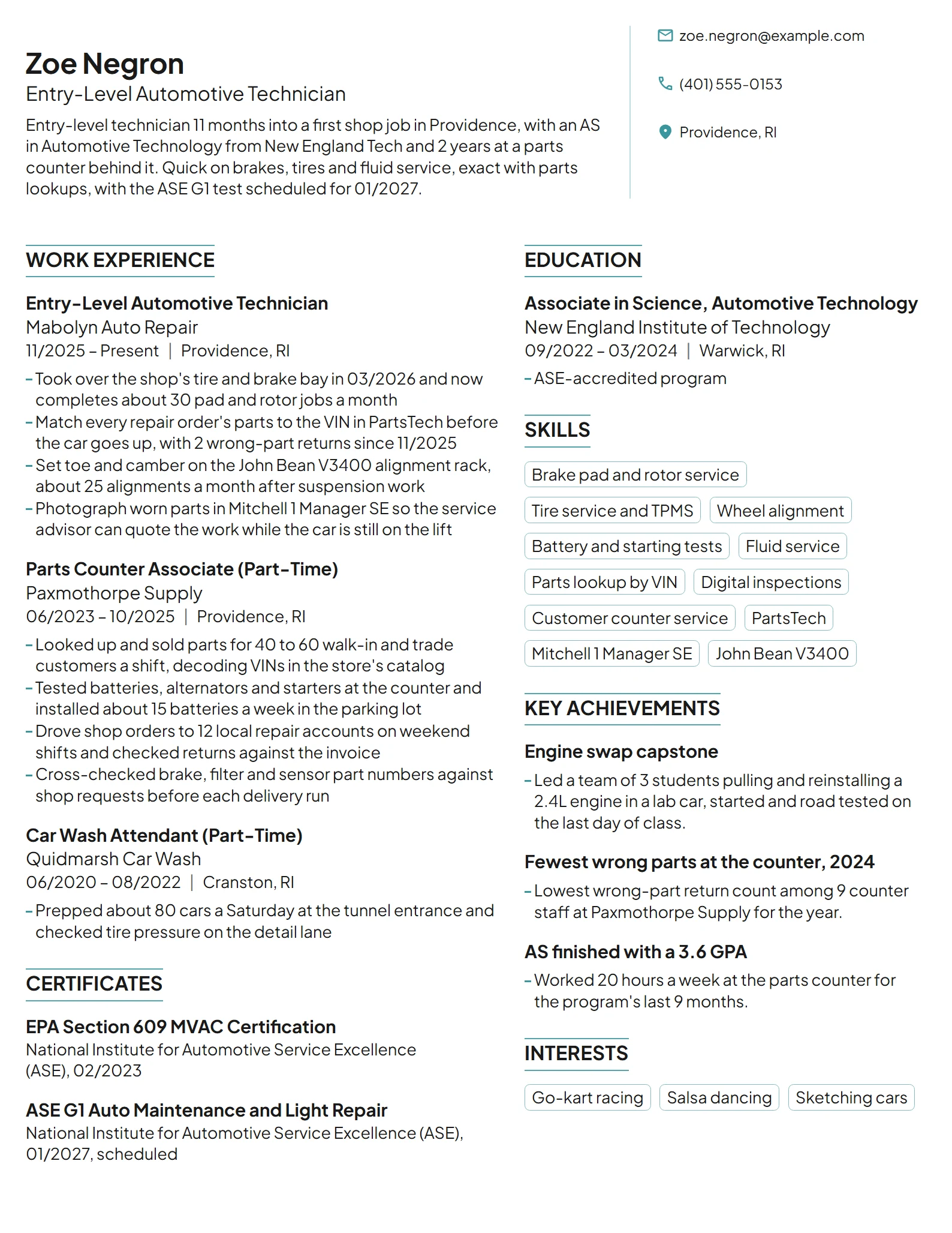 Entry-Level Automotive Technician resume example