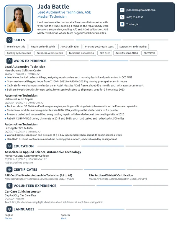 Lead Automotive Technician resume example