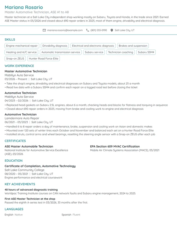 Master Automotive Technician resume example