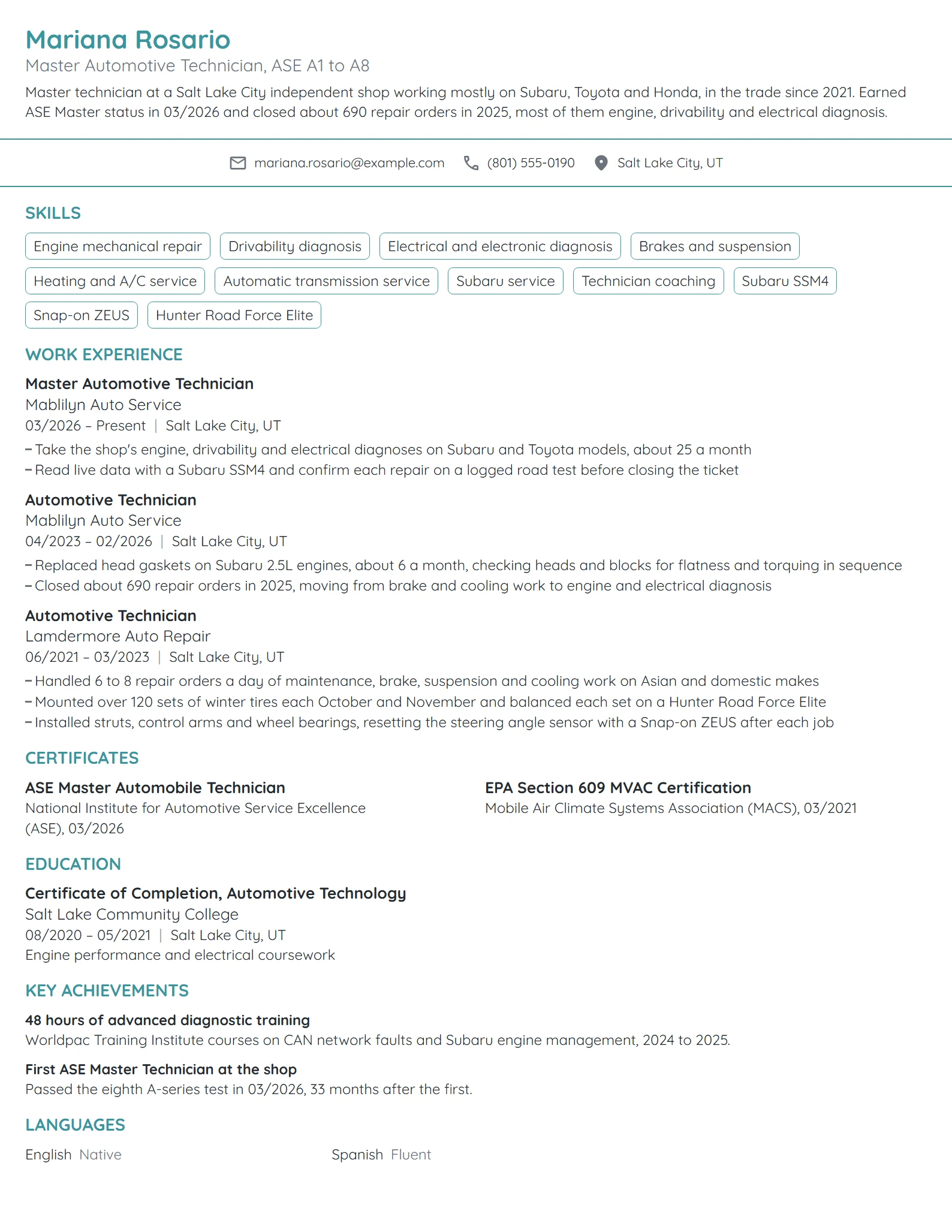 Master Automotive Technician resume example
