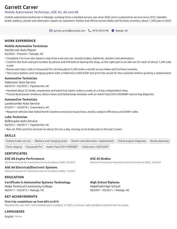 Mobile Automotive Technician resume example