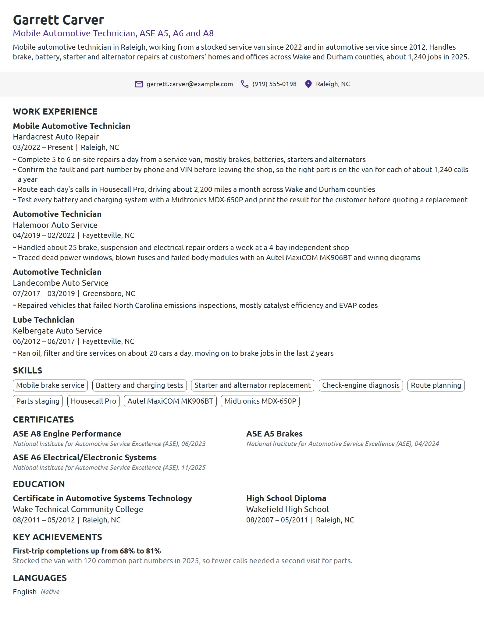 Mobile Automotive Technician resume example