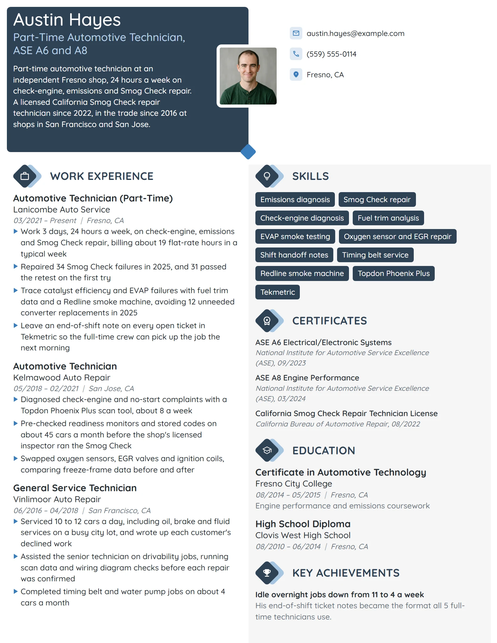 Part-Time Automotive Technician resume example