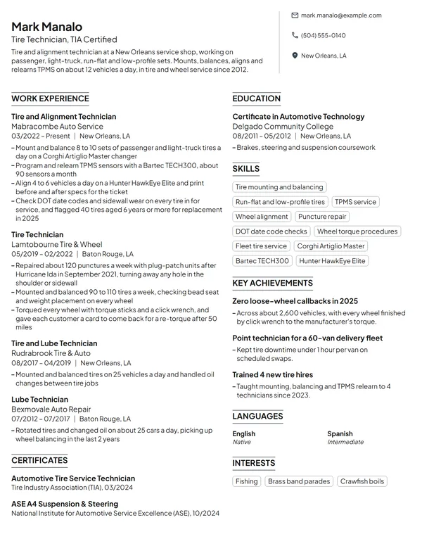 Tire Technician resume example