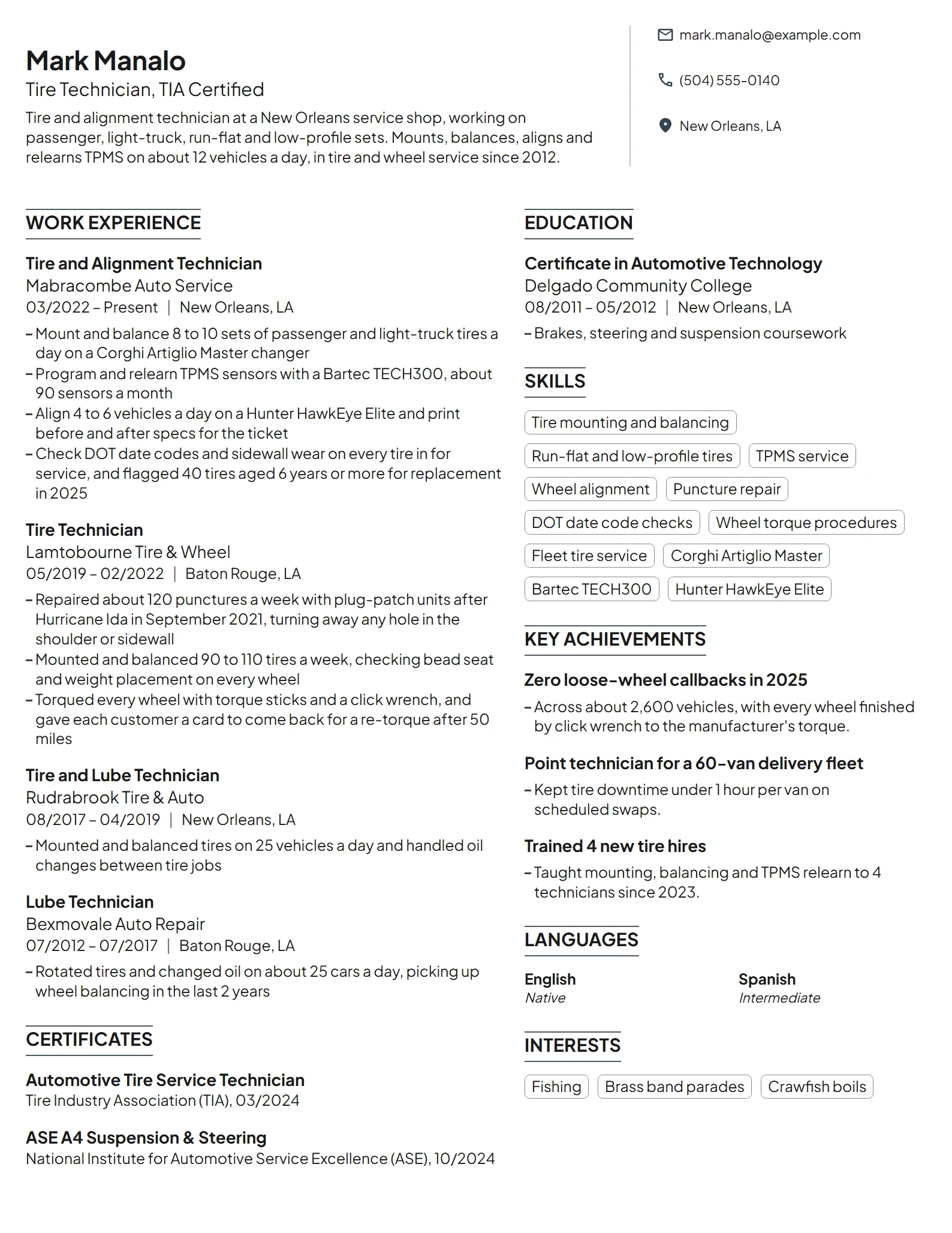 Tire Technician resume example