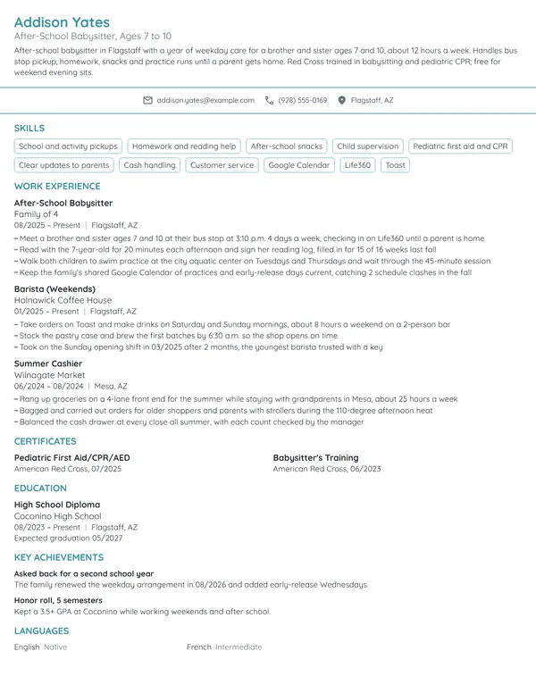 After School Babysitter resume example