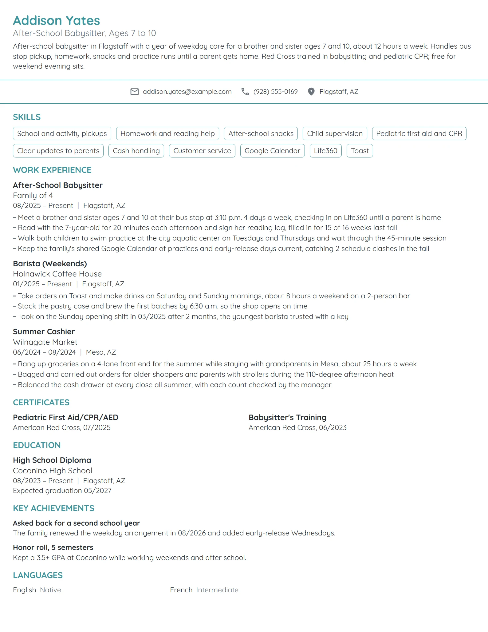 After School Babysitter resume example