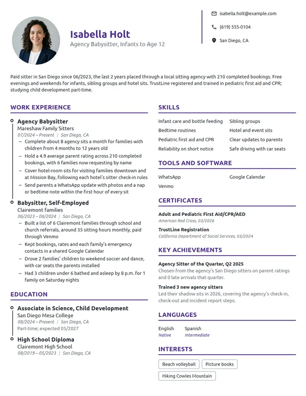 Agency Babysitter resume example